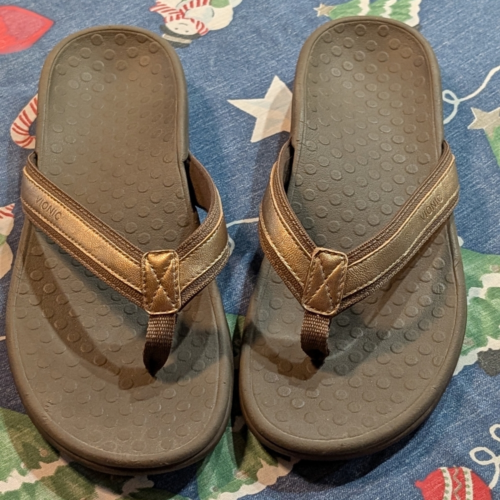 Vionic Gray and Tan Flip Flops